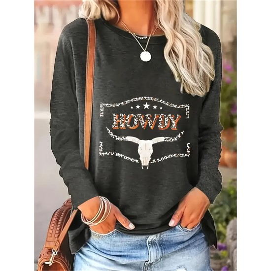 Women's Plus Size Casual Bull Head Print T-Shirt - Comfy Long Sleeve, Round Neck Top for Spring & Fall Women's Plus Size Casual Bull Head Print T-Shirt - Comfy Long Sleeve, Round Neck Top for Spring & Fall