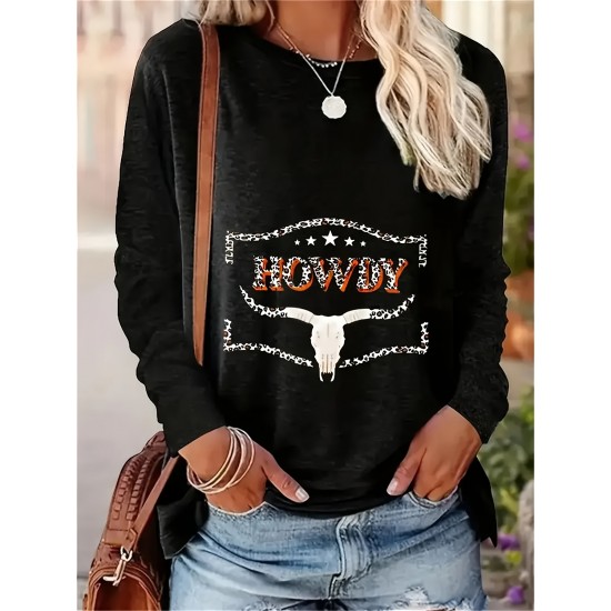 Women's Plus Size Casual Bull Head Print T-Shirt - Comfy Long Sleeve, Round Neck Top for Spring & Fall Women's Plus Size Casual Bull Head Print T-Shirt - Comfy Long Sleeve, Round Neck Top for Spring & Fall