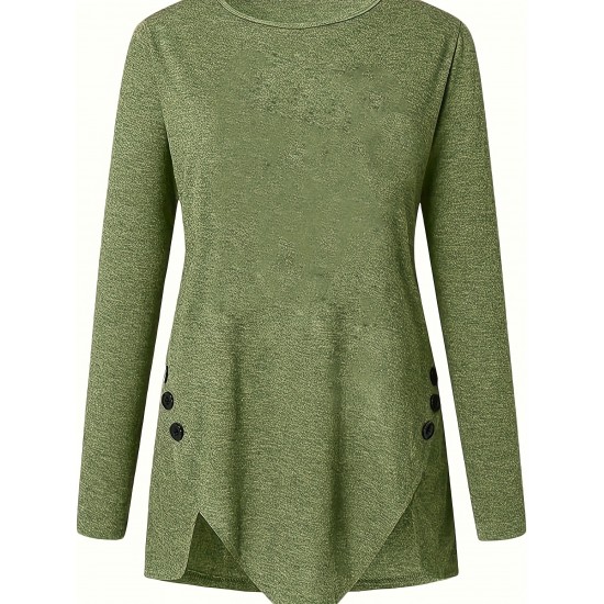 Plus Size Women's Irregular Button-hem Long-sleeved Loose T-shirt Plus Size Women's Irregular Button-hem Long-sleeved Loose T-shirt