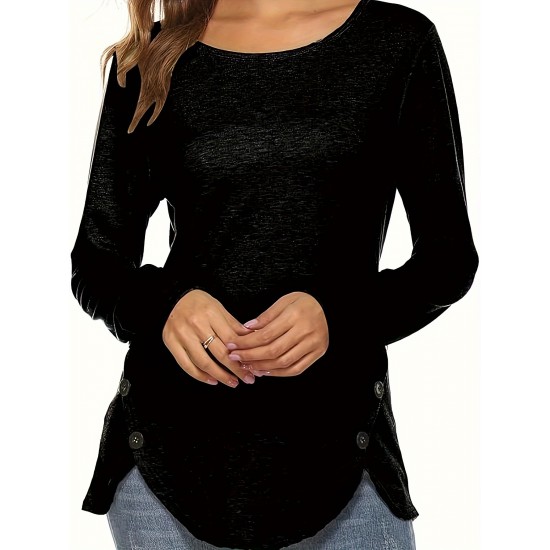 Plus Size Women's Irregular Button-hem Long-sleeved Loose T-shirt Plus Size Women's Irregular Button-hem Long-sleeved Loose T-shirt