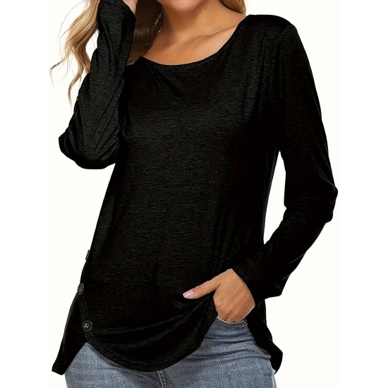 Plus Size Women's Irregular Button-hem Long-sleeved Loose T-shirt Plus Size Women's Irregular Button-hem Long-sleeved Loose T-shirt