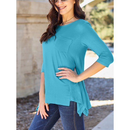 Chic Pink Asymmetrical Hem Tunic - Soft Rayon Blend, 3/4 Sleeve Casual Top with Pockets for Women - Perfect for Spring & Summer Chic Pink Asymmetrical Hem Tunic - Soft Rayon Blend, 3/4 Sleeve Casual Top with Pockets for Women - Perfect for Spring & Summer