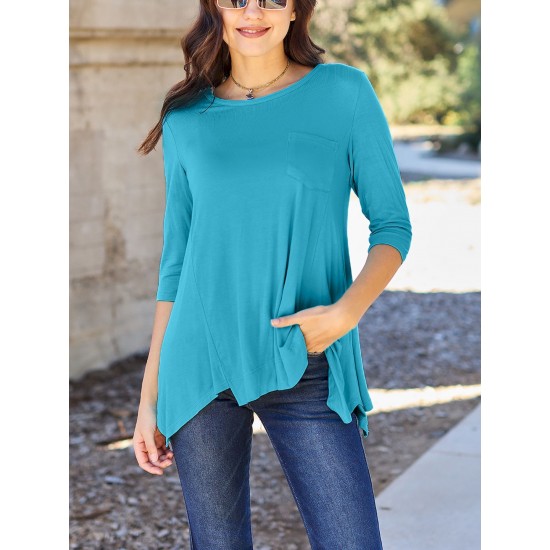 Chic Pink Asymmetrical Hem Tunic - Soft Rayon Blend, 3/4 Sleeve Casual Top with Pockets for Women - Perfect for Spring & Summer Chic Pink Asymmetrical Hem Tunic - Soft Rayon Blend, 3/4 Sleeve Casual Top with Pockets for Women - Perfect for Spring & Summer