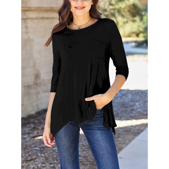 Chic Pink Asymmetrical Hem Tunic - Soft Rayon Blend, 3/4 Sleeve Casual Top with Pockets for Women - Perfect for Spring & Summer Chic Pink Asymmetrical Hem Tunic - Soft Rayon Blend, 3/4 Sleeve Casual Top with Pockets for Women - Perfect for Spring & Summer