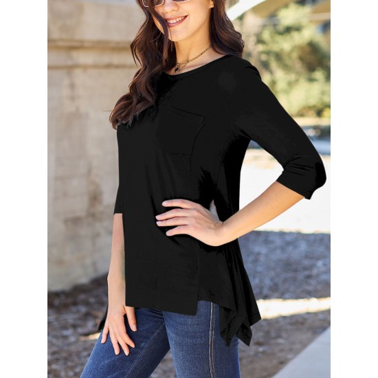 Chic Pink Asymmetrical Hem Tunic - Soft Rayon Blend, 3/4 Sleeve Casual Top with Pockets for Women - Perfect for Spring & Summer Chic Pink Asymmetrical Hem Tunic - Soft Rayon Blend, 3/4 Sleeve Casual Top with Pockets for Women - Perfect for Spring & Summer