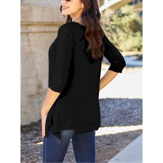 Chic Pink Asymmetrical Hem Tunic - Soft Rayon Blend, 3/4 Sleeve Casual Top with Pockets for Women - Perfect for Spring & Summer Chic Pink Asymmetrical Hem Tunic - Soft Rayon Blend, 3/4 Sleeve Casual Top with Pockets for Women - Perfect for Spring & Summer