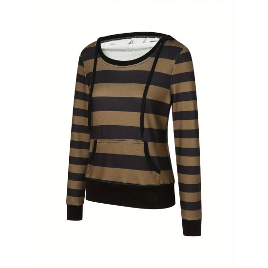 Women's Casual Striped Hoodie with Kangaroo Pocket - Long Sleeve, Round Neck Pullover, Machine Washable - Available in S/M/L/XL/XXL Women's Casual Striped Hoodie with Kangaroo Pocket - Long Sleeve, Round Neck Pullover, Machine Washable - Available in S/M/L/XL/XXL