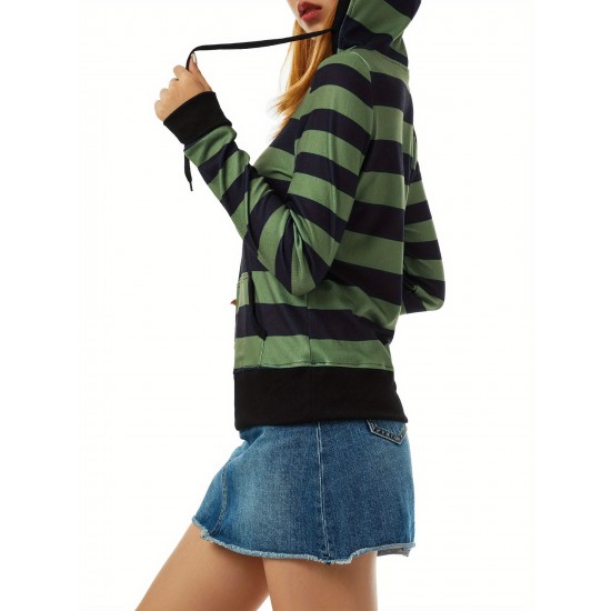 Women's Casual Striped Hoodie with Kangaroo Pocket - Long Sleeve, Round Neck Pullover, Machine Washable - Available in S/M/L/XL/XXL Women's Casual Striped Hoodie with Kangaroo Pocket - Long Sleeve, Round Neck Pullover, Machine Washable - Available in S/M/L/XL/XXL