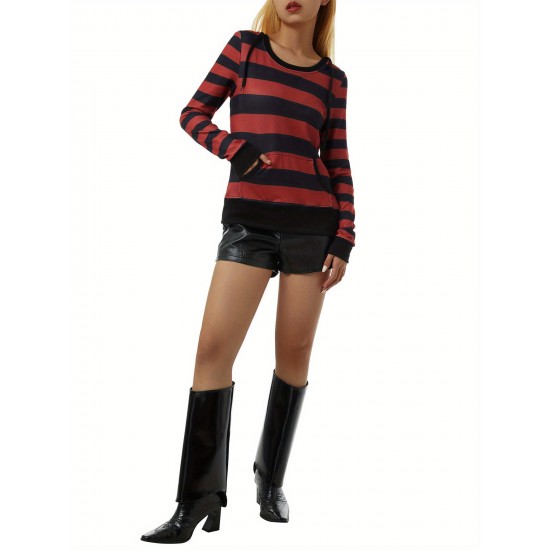 Women's Casual Striped Hoodie with Kangaroo Pocket - Long Sleeve, Round Neck Pullover, Machine Washable - Available in S/M/L/XL/XXL Women's Casual Striped Hoodie with Kangaroo Pocket - Long Sleeve, Round Neck Pullover, Machine Washable - Available in S/M/L/XL/XXL
