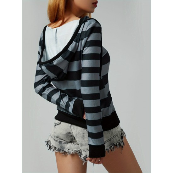 Women's Casual Striped Hoodie with Kangaroo Pocket - Long Sleeve, Round Neck Pullover, Machine Washable - Available in S/M/L/XL/XXL Women's Casual Striped Hoodie with Kangaroo Pocket - Long Sleeve, Round Neck Pullover, Machine Washable - Available in S/M/L/XL/XXL