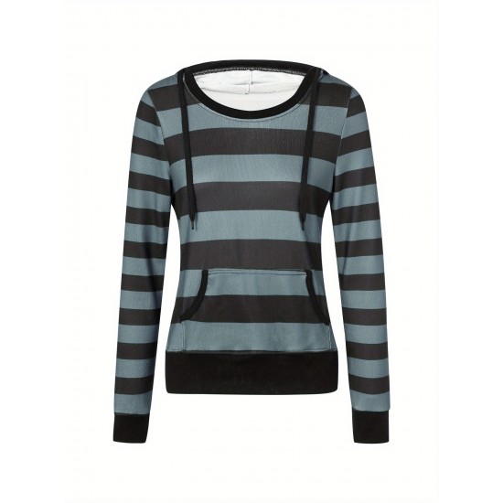 Women's Casual Striped Hoodie with Kangaroo Pocket - Long Sleeve, Round Neck Pullover, Machine Washable - Available in S/M/L/XL/XXL Women's Casual Striped Hoodie with Kangaroo Pocket - Long Sleeve, Round Neck Pullover, Machine Washable - Available in S/M/L/XL/XXL