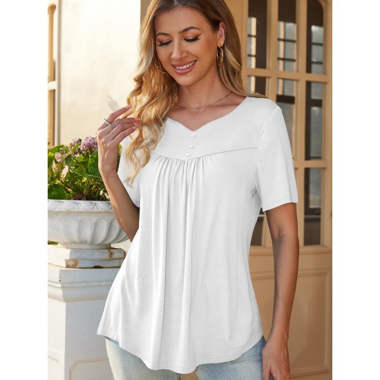 Stylish V-Neck Plus Size T-Shirt - Women Plus Size Clothing, Elegant Button Front, Short Sleeve, Pleated Detail, Perfect for Spring & Summer Stylish V-Neck Plus Size T-Shirt - Women Plus Size Clothing, Elegant Button Front, Short Sleeve, Pleated Detail, Perfect for Spring & Summer