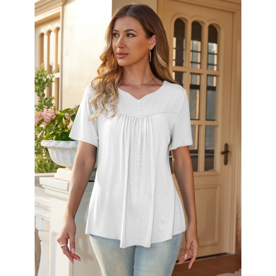 Stylish V-Neck Plus Size T-Shirt - Women Plus Size Clothing, Elegant Button Front, Short Sleeve, Pleated Detail, Perfect for Spring & Summer Stylish V-Neck Plus Size T-Shirt - Women Plus Size Clothing, Elegant Button Front, Short Sleeve, Pleated Detail, Perfect for Spring & Summer