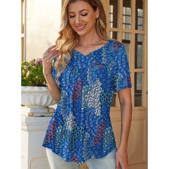 Stylish V-Neck Plus Size T-Shirt - Women Plus Size Clothing, Elegant Button Front, Short Sleeve, Pleated Detail, Perfect for Spring & Summer Stylish V-Neck Plus Size T-Shirt - Women Plus Size Clothing, Elegant Button Front, Short Sleeve, Pleated Detail, Perfect for Spring & Summer