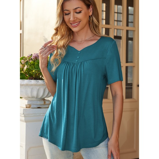 Stylish V-Neck Plus Size T-Shirt - Women Plus Size Clothing, Elegant Button Front, Short Sleeve, Pleated Detail, Perfect for Spring & Summer Stylish V-Neck Plus Size T-Shirt - Women Plus Size Clothing, Elegant Button Front, Short Sleeve, Pleated Detail, Perfect for Spring & Summer