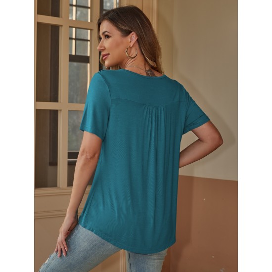 Stylish V-Neck Plus Size T-Shirt - Women Plus Size Clothing, Elegant Button Front, Short Sleeve, Pleated Detail, Perfect for Spring & Summer Stylish V-Neck Plus Size T-Shirt - Women Plus Size Clothing, Elegant Button Front, Short Sleeve, Pleated Detail, Perfect for Spring & Summer