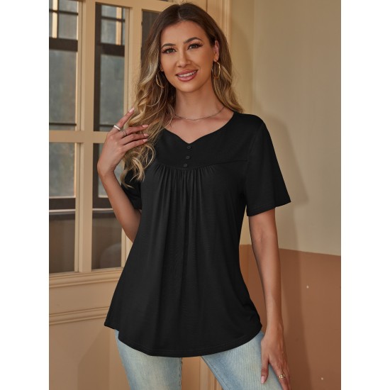 Stylish V-Neck Plus Size T-Shirt - Women Plus Size Clothing, Elegant Button Front, Short Sleeve, Pleated Detail, Perfect for Spring & Summer Stylish V-Neck Plus Size T-Shirt - Women Plus Size Clothing, Elegant Button Front, Short Sleeve, Pleated Detail, Perfect for Spring & Summer