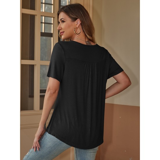 Stylish V-Neck Plus Size T-Shirt - Women Plus Size Clothing, Elegant Button Front, Short Sleeve, Pleated Detail, Perfect for Spring & Summer Stylish V-Neck Plus Size T-Shirt - Women Plus Size Clothing, Elegant Button Front, Short Sleeve, Pleated Detail, Perfect for Spring & Summer