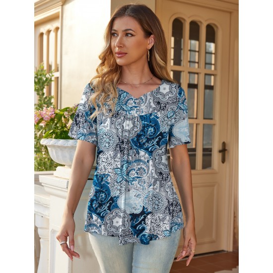 Stylish V-Neck Plus Size T-Shirt - Women Plus Size Clothing, Elegant Button Front, Short Sleeve, Pleated Detail, Perfect for Spring & Summer Stylish V-Neck Plus Size T-Shirt - Women Plus Size Clothing, Elegant Button Front, Short Sleeve, Pleated Detail, Perfect for Spring & Summer