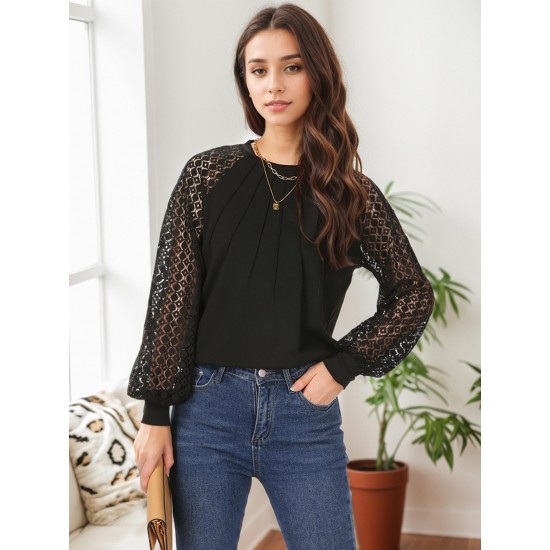 Tooluck Plus Size Women's Round Neck Pleated Lace Panel Long Sleeve Top Tooluck Plus Size Women's Round Neck Pleated Lace Panel Long Sleeve Top