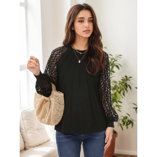 Tooluck Plus Size Women's Round Neck Pleated Lace Panel Long Sleeve Top Tooluck Plus Size Women's Round Neck Pleated Lace Panel Long Sleeve Top