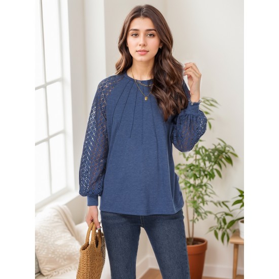 Tooluck Plus Size Women's Round Neck Pleated Lace Panel Long Sleeve Top Tooluck Plus Size Women's Round Neck Pleated Lace Panel Long Sleeve Top