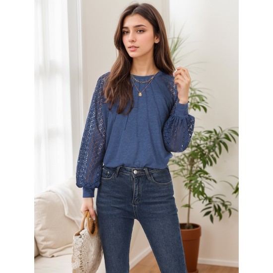 Tooluck Plus Size Women's Round Neck Pleated Lace Panel Long Sleeve Top Tooluck Plus Size Women's Round Neck Pleated Lace Panel Long Sleeve Top