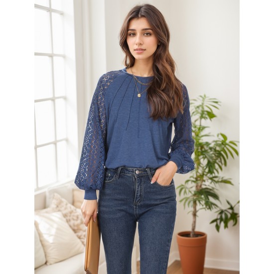 Tooluck Plus Size Women's Round Neck Pleated Lace Panel Long Sleeve Top Tooluck Plus Size Women's Round Neck Pleated Lace Panel Long Sleeve Top