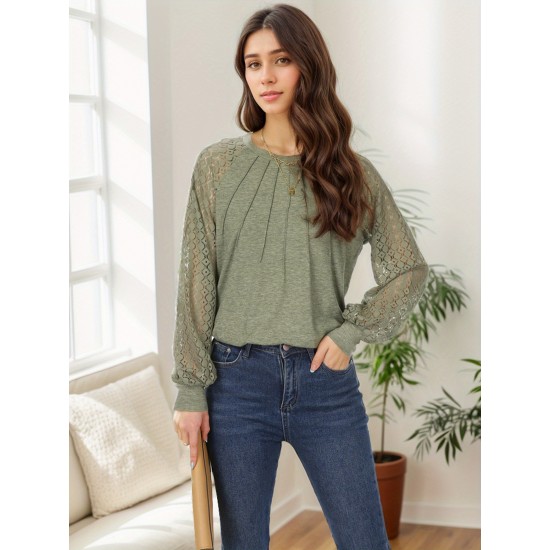 Tooluck Plus Size Women's Round Neck Pleated Lace Panel Long Sleeve Top Tooluck Plus Size Women's Round Neck Pleated Lace Panel Long Sleeve Top