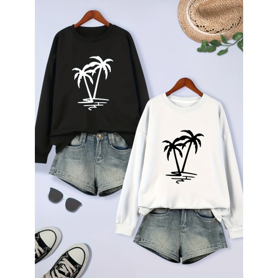 2 Packs Plus Size Coconut Tree Print Sweatshirt, Casual Long Sleeve Crew Neck Pullover Sweatshirt, Women's Plus Size Clothing 2 Packs Plus Size Coconut Tree Print Sweatshirt, Casual Long Sleeve Crew Neck Pullover Sweatshirt, Women's Plus Size Clothing
