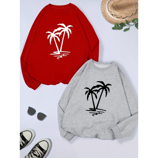 2 Packs Plus Size Coconut Tree Print Sweatshirt, Casual Long Sleeve Crew Neck Pullover Sweatshirt, Women's Plus Size Clothing 2 Packs Plus Size Coconut Tree Print Sweatshirt, Casual Long Sleeve Crew Neck Pullover Sweatshirt, Women's Plus Size Clothing