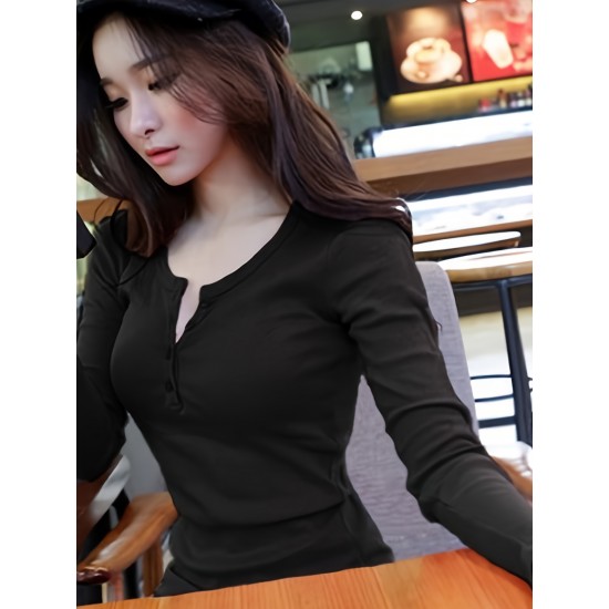 Long Sleeve Women Henley Shirt, Casual Solid Color Ribbed Basic Blouses for Club Streetwear Aesthetic Clothes Long Sleeve Women Henley Shirt, Casual Solid Color Ribbed Basic Blouses for Club Streetwear Aesthetic Clothes