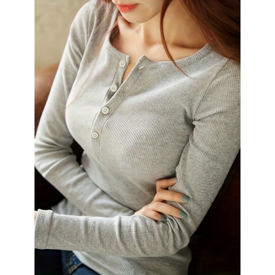Long Sleeve Women Henley Shirt, Casual Solid Color Ribbed Basic Blouses for Club Streetwear Aesthetic Clothes Long Sleeve Women Henley Shirt, Casual Solid Color Ribbed Basic Blouses for Club Streetwear Aesthetic Clothes