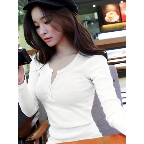 Long Sleeve Women Henley Shirt, Casual Solid Color Ribbed Basic Blouses for Club Streetwear Aesthetic Clothes Long Sleeve Women Henley Shirt, Casual Solid Color Ribbed Basic Blouses for Club Streetwear Aesthetic Clothes
