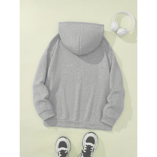 Plus Size Cozy Letter Print Hoodie - Soft, Casual, Drawstring, Hooded, Long Sleeve, Kangaroo Pocket Sweatshirt for Fall & Winter - Women's Comfortable Plus Size Clothing for Everyday Wear Plus Size Cozy Letter Print Hoodie - Soft, Casual, Drawstring, Hooded, Long Sleeve, Kangaroo Pocket Sweatshirt for Fall & Winter - Women's Comfortable Plus Size Clothing for Everyday Wear