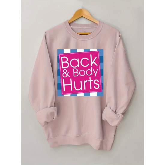 Plus Size Cozy Back & Body Hurts Print Pullover Sweatshirt - Soft, Casual, Long Sleeve Crew Neck Design for Fall & Spring - Women's Comfortable Plus Size Clothing for Everyday Wear Plus Size Cozy Back & Body Hurts Print Pullover Sweatshirt - Soft, Casual, Long Sleeve Crew Neck Design for Fall & Spring - Women's Comfortable Plus Size Clothing for Everyday Wear