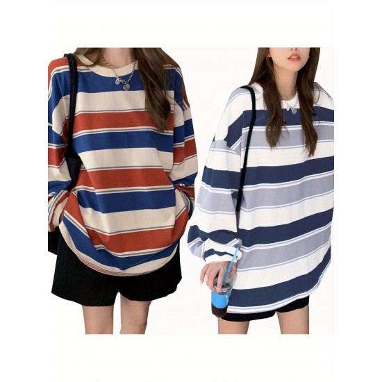 Long Sleeve Fashion Stripe Printing Womens Casual Round Neck Loose Pullover T-shirt Long Sleeve Fashion Stripe Printing Womens Casual Round Neck Loose Pullover T-shirt