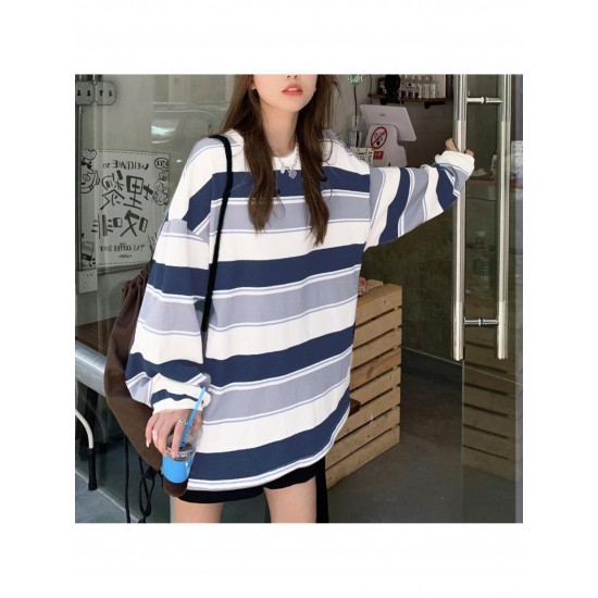 Long Sleeve Fashion Stripe Printing Womens Casual Round Neck Loose Pullover T-shirt Long Sleeve Fashion Stripe Printing Womens Casual Round Neck Loose Pullover T-shirt