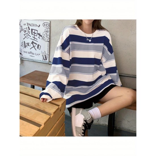 Long Sleeve Fashion Stripe Printing Womens Casual Round Neck Loose Pullover T-shirt Long Sleeve Fashion Stripe Printing Womens Casual Round Neck Loose Pullover T-shirt