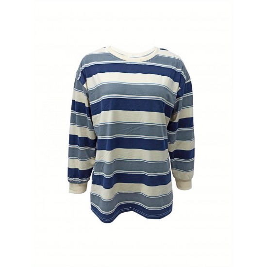 Long Sleeve Fashion Stripe Printing Womens Casual Round Neck Loose Pullover T-shirt Long Sleeve Fashion Stripe Printing Womens Casual Round Neck Loose Pullover T-shirt