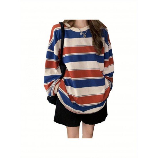 Long Sleeve Fashion Stripe Printing Womens Casual Round Neck Loose Pullover T-shirt Long Sleeve Fashion Stripe Printing Womens Casual Round Neck Loose Pullover T-shirt
