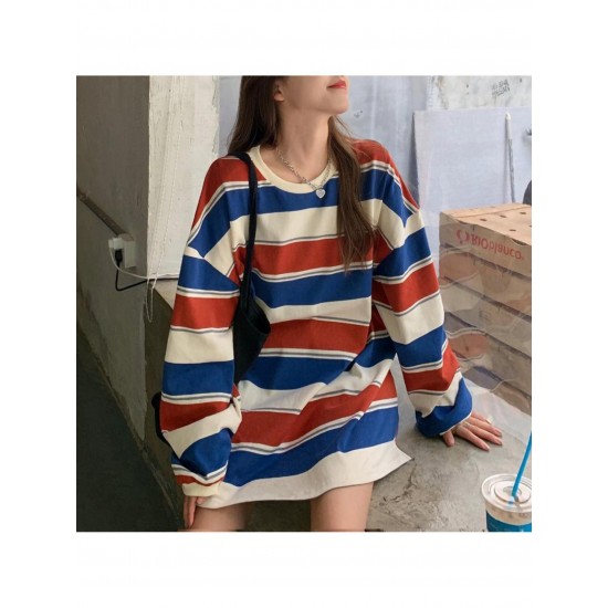 Long Sleeve Fashion Stripe Printing Womens Casual Round Neck Loose Pullover T-shirt Long Sleeve Fashion Stripe Printing Womens Casual Round Neck Loose Pullover T-shirt