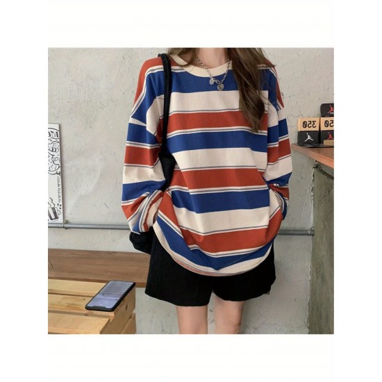 Long Sleeve Fashion Stripe Printing Womens Casual Round Neck Loose Pullover T-shirt Long Sleeve Fashion Stripe Printing Womens Casual Round Neck Loose Pullover T-shirt