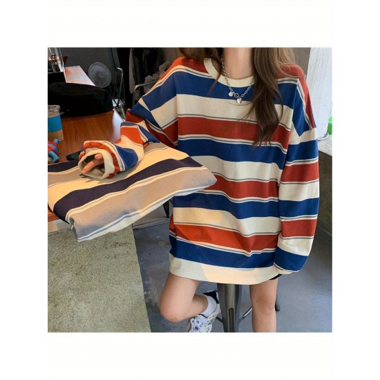 Long Sleeve Fashion Stripe Printing Womens Casual Round Neck Loose Pullover T-shirt Long Sleeve Fashion Stripe Printing Womens Casual Round Neck Loose Pullover T-shirt