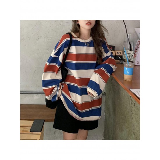 Long Sleeve Fashion Stripe Printing Womens Casual Round Neck Loose Pullover T-shirt Long Sleeve Fashion Stripe Printing Womens Casual Round Neck Loose Pullover T-shirt
