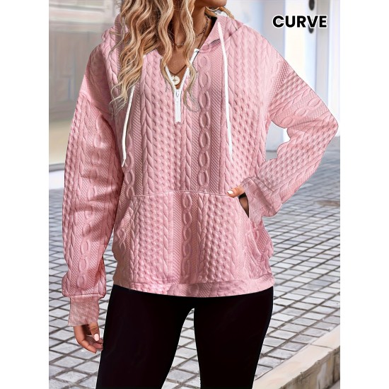 Elegant Cable Knit Hoodie with Pockets - Cozy Polyester Blend, Machine Washable - Women's Fashion for Fall/Winter Elegant Cable Knit Hoodie with Pockets - Cozy Polyester Blend, Machine Washable - Women's Fashion for Fall/Winter
