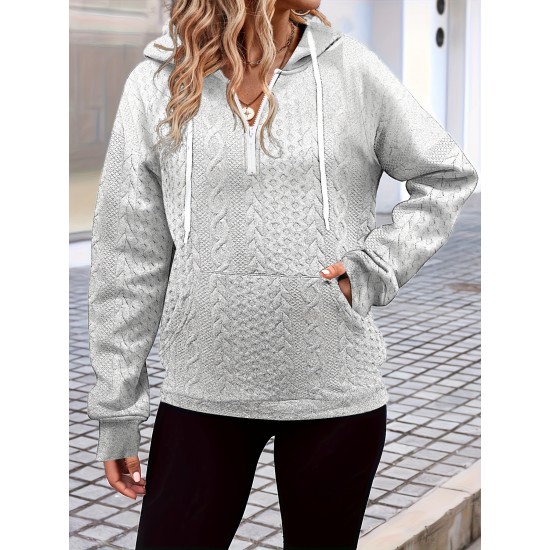 Elegant Cable Knit Hoodie with Pockets - Cozy Polyester Blend, Machine Washable - Women's Fashion for Fall/Winter Elegant Cable Knit Hoodie with Pockets - Cozy Polyester Blend, Machine Washable - Women's Fashion for Fall/Winter