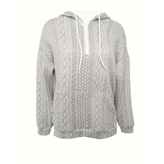 Elegant Cable Knit Hoodie with Pockets - Cozy Polyester Blend, Machine Washable - Women's Fashion for Fall/Winter Elegant Cable Knit Hoodie with Pockets - Cozy Polyester Blend, Machine Washable - Women's Fashion for Fall/Winter
