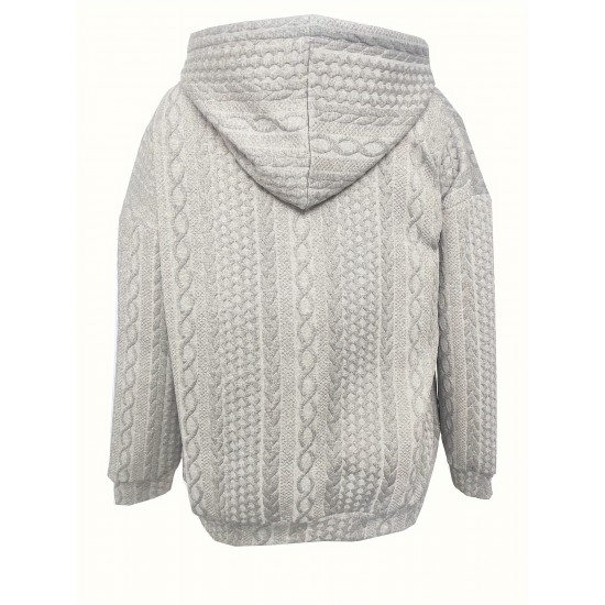 Elegant Cable Knit Hoodie with Pockets - Cozy Polyester Blend, Machine Washable - Women's Fashion for Fall/Winter Elegant Cable Knit Hoodie with Pockets - Cozy Polyester Blend, Machine Washable - Women's Fashion for Fall/Winter