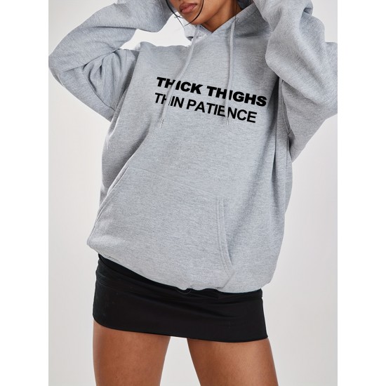 Plus Size Basic Sweatshirt, Women's Plus Letter Print Long Sleeve Slight Stretch Drawstring Hoodie With Kangaroo Pocket Plus Size Basic Sweatshirt, Women's Plus Letter Print Long Sleeve Slight Stretch Drawstring Hoodie With Kangaroo Pocket